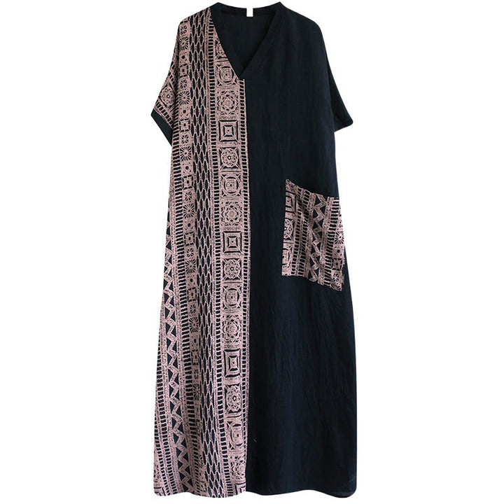 Abito midi casual con stampa Buddha Stones, scollo a V, mezza manica, tasche, in lino e cotone, ampio e tinto