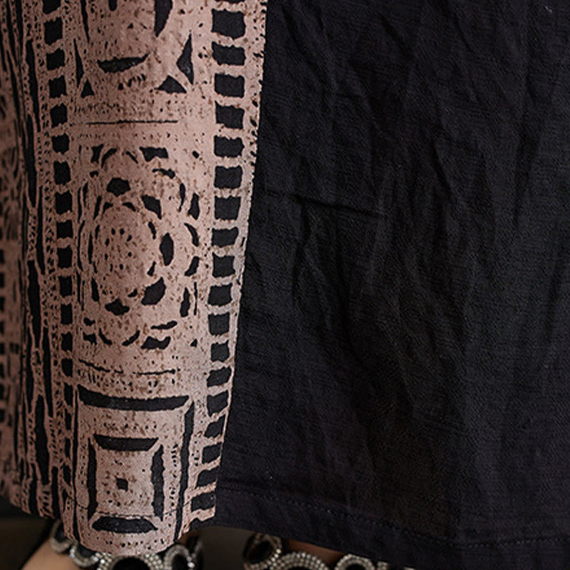 Abito midi casual con stampa Buddha Stones, scollo a V, mezza manica, tasche, in lino e cotone, ampio e tinto