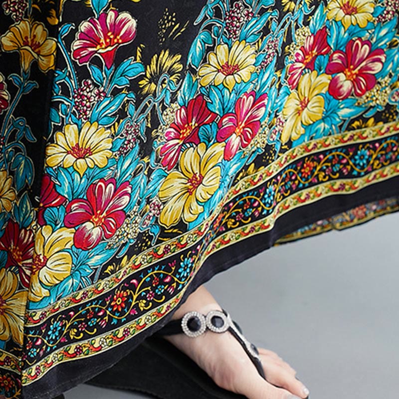 Abito midi in poliestere con tasche, manica corta, scollo a V, stampa floreale casual e ampio, motivo Buddha Stones