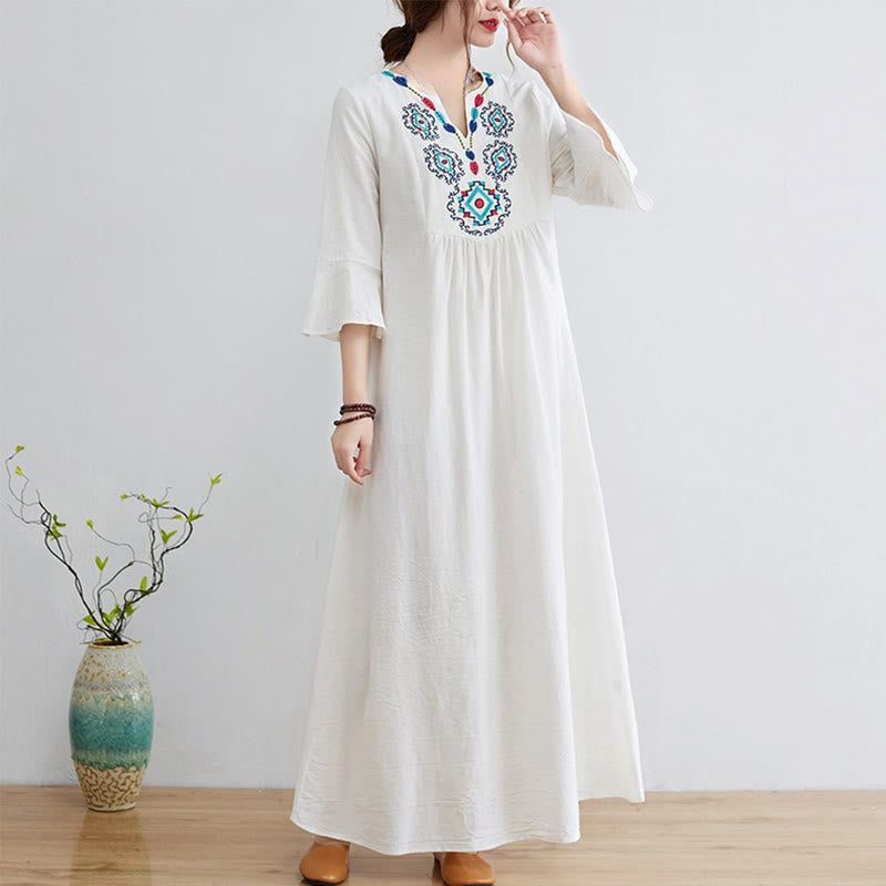 Abito midi in cotone e lino con maniche a tre quarti, scollo a V, motivo floreale ricamato, stile casual, motivo Buddha Stones