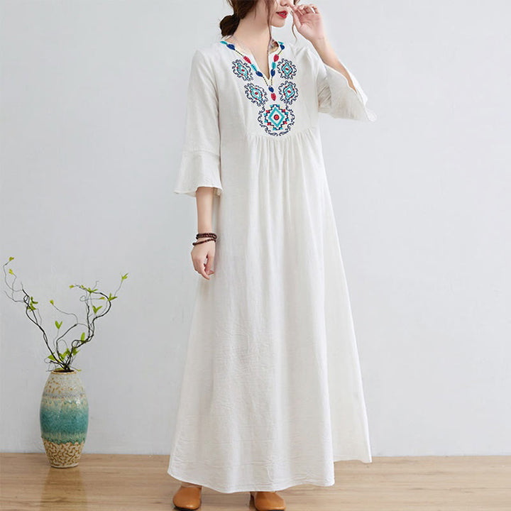 Abito midi in cotone e lino con maniche a tre quarti, scollo a V, motivo floreale ricamato, stile casual, motivo Buddha Stones