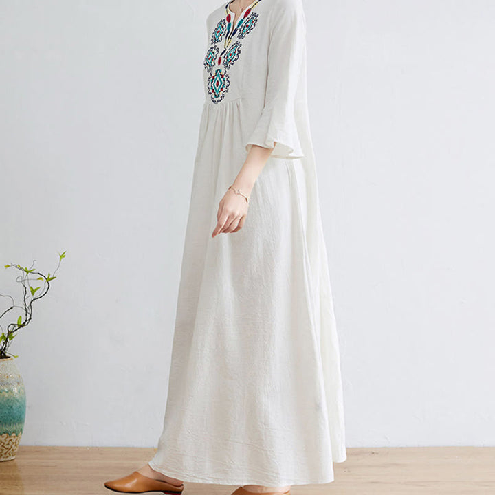 Abito midi in cotone e lino con maniche a tre quarti, scollo a V, motivo floreale ricamato, stile casual, motivo Buddha Stones - image 5