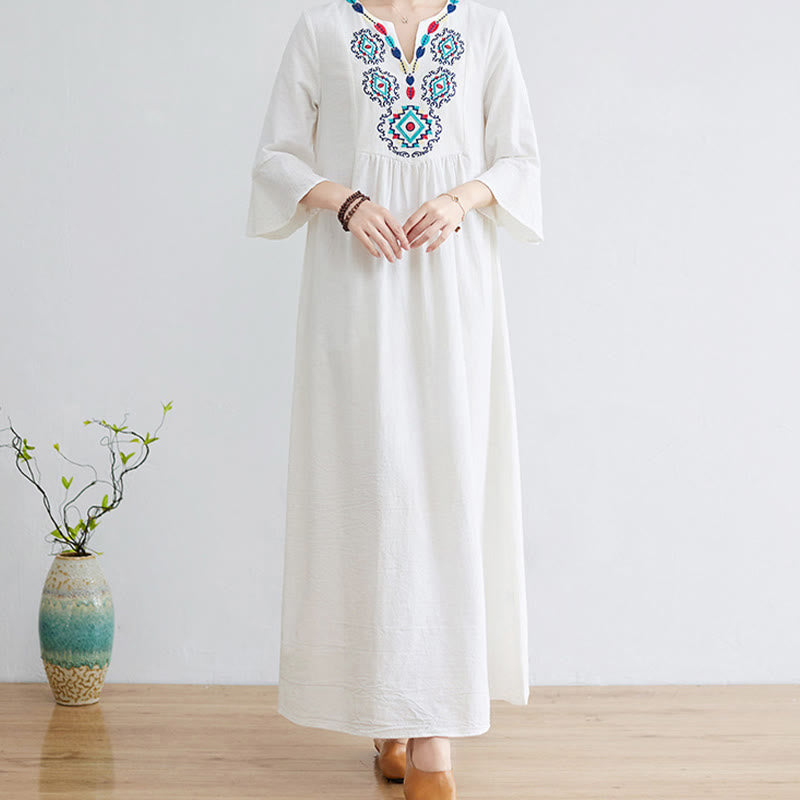 Abito midi in cotone e lino con maniche a tre quarti, scollo a V, motivo floreale ricamato, stile casual, motivo Buddha Stones