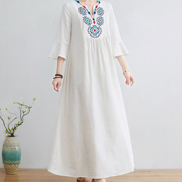 Abito midi in cotone e lino con maniche a tre quarti, scollo a V, motivo floreale ricamato, stile casual, motivo Buddha Stones