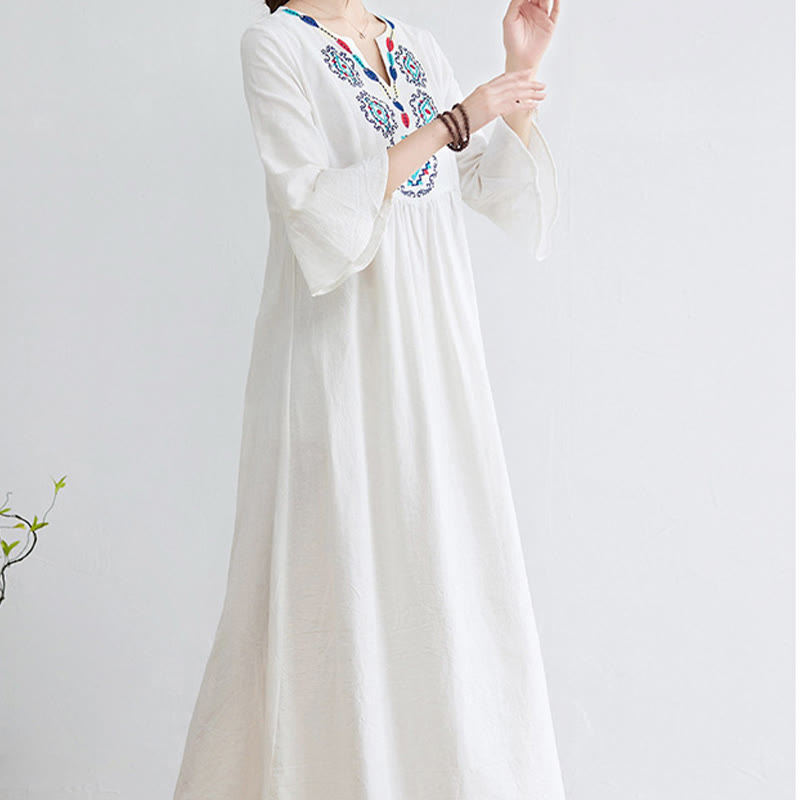 Abito midi in cotone e lino con maniche a tre quarti, scollo a V, motivo floreale ricamato, stile casual, motivo Buddha Stones
