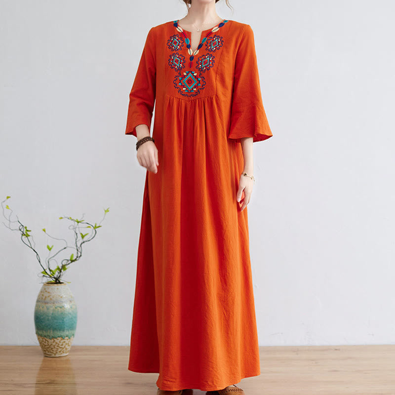 Abito midi in cotone e lino con maniche a tre quarti, scollo a V, motivo floreale ricamato, stile casual, motivo Buddha Stones