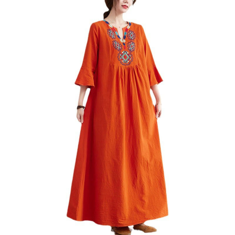 Abito midi in cotone e lino con maniche a tre quarti, scollo a V, motivo floreale ricamato, stile casual, motivo Buddha Stones
