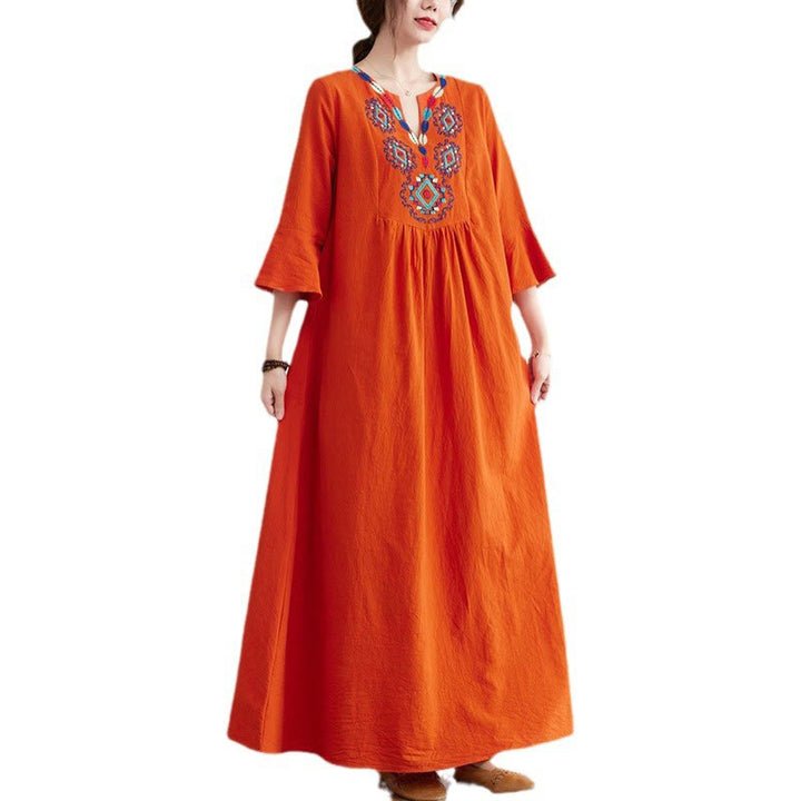 Abito midi in cotone e lino con maniche a tre quarti, scollo a V, motivo floreale ricamato, stile casual, motivo Buddha Stones