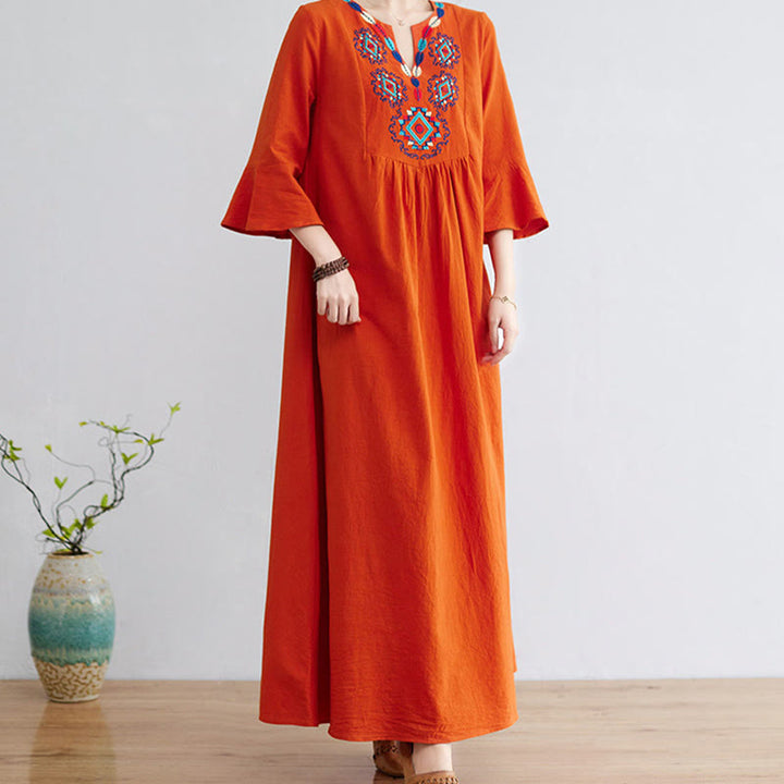 Abito midi in cotone e lino con maniche a tre quarti, scollo a V, motivo floreale ricamato, stile casual, motivo Buddha Stones