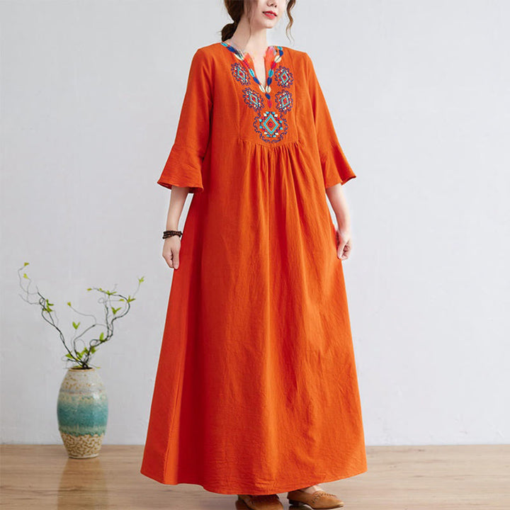 Abito midi in cotone e lino con maniche a tre quarti, scollo a V, motivo floreale ricamato, stile casual, motivo Buddha Stones