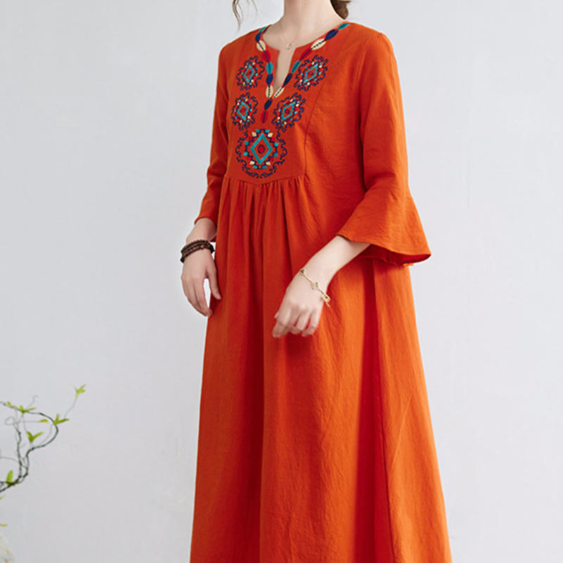 Abito midi in cotone e lino con maniche a tre quarti, scollo a V, motivo floreale ricamato, stile casual, motivo Buddha Stones