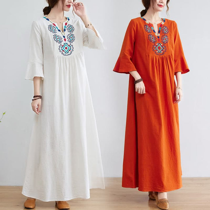 Abito midi in cotone e lino con maniche a tre quarti, scollo a V, motivo floreale ricamato, stile casual, motivo Buddha Stones