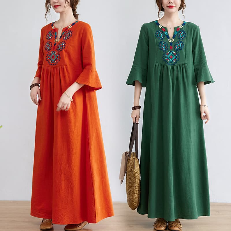 Abito midi in cotone e lino con maniche a tre quarti, scollo a V, motivo floreale ricamato, stile casual, motivo Buddha Stones