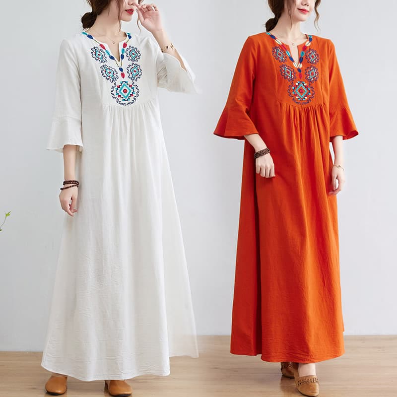 Abito midi in cotone e lino con maniche a tre quarti, scollo a V, motivo floreale ricamato, stile casual, motivo Buddha Stones - image 0