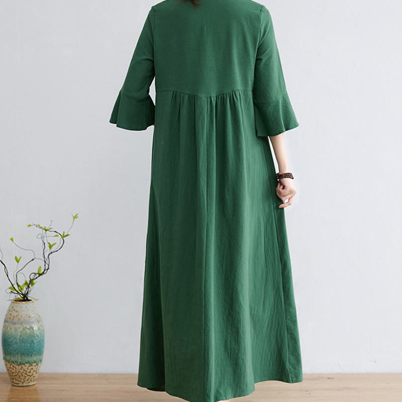 Abito midi in cotone e lino con maniche a tre quarti, scollo a V, motivo floreale ricamato, stile casual, motivo Buddha Stones