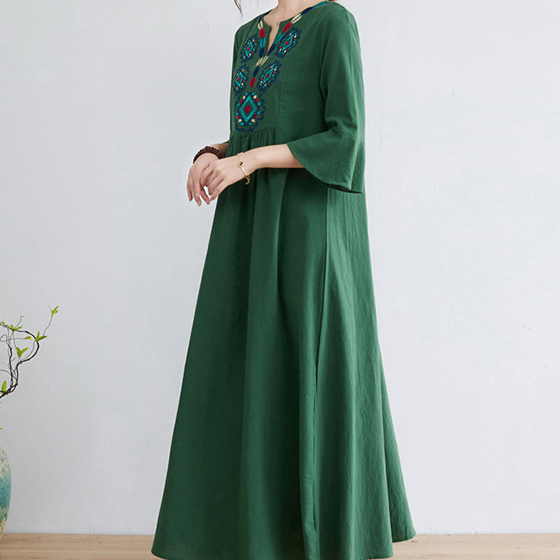 Abito midi in cotone e lino con maniche a tre quarti, scollo a V, motivo floreale ricamato, stile casual, motivo Buddha Stones - image 17