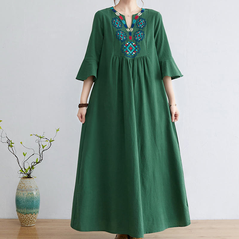 Abito midi in cotone e lino con maniche a tre quarti, scollo a V, motivo floreale ricamato, stile casual, motivo Buddha Stones