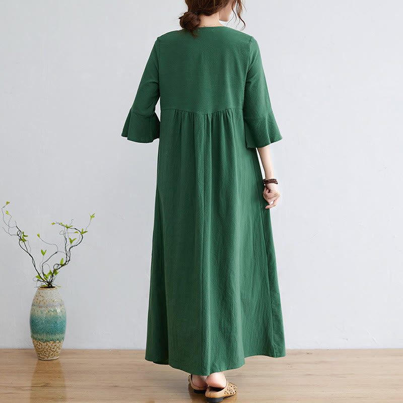 Abito midi in cotone e lino con maniche a tre quarti, scollo a V, motivo floreale ricamato, stile casual, motivo Buddha Stones