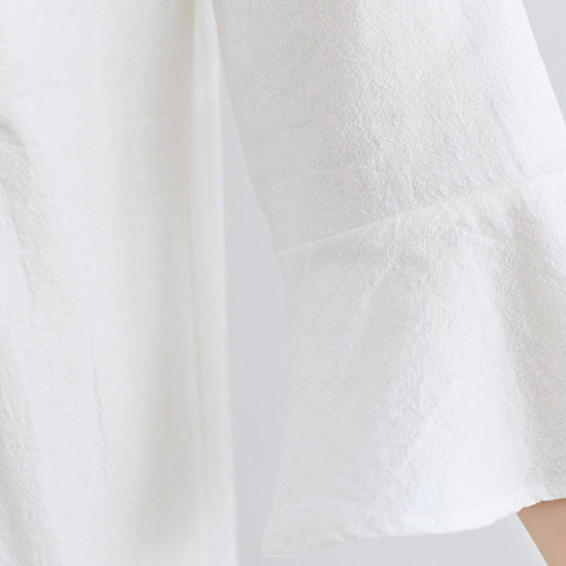 Abito midi in cotone e lino con maniche a tre quarti, scollo a V, motivo floreale ricamato, stile casual, motivo Buddha Stones - image 8