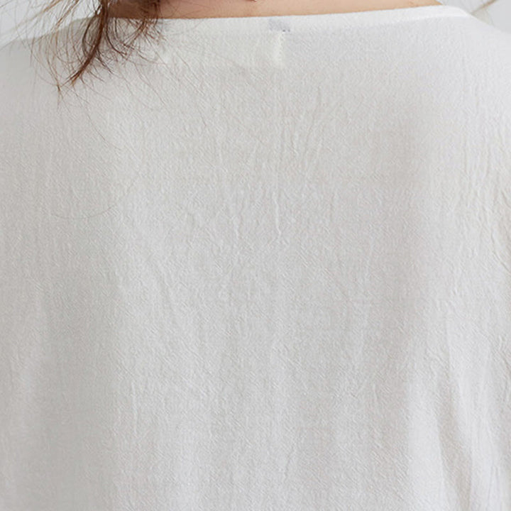 Abito midi in cotone e lino con maniche a tre quarti, scollo a V, motivo floreale ricamato, stile casual, motivo Buddha Stones - image 6