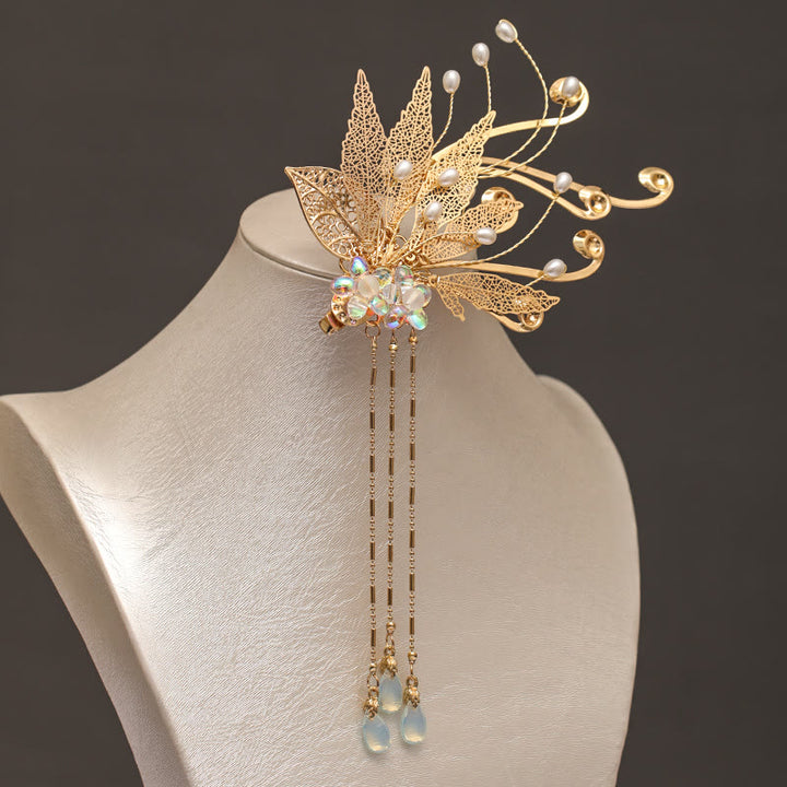 Fermaglio per capelli con nappa a forma di fiore in foglia d'oro cinese tradizionale Buddha Stones