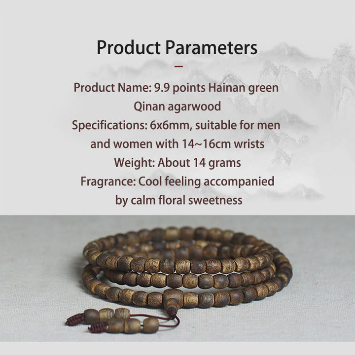 Buddha Stones 108 perline Mala da 6 mm con perline cilindriche Hainan Verde Qinan Bracciale calmo in legno di agar
