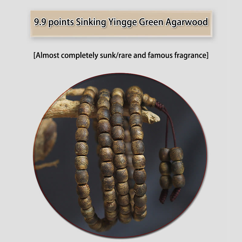 Buddha Stones 108 perline Mala da 6 mm con perline cilindriche Hainan Verde Qinan Bracciale calmo in legno di agar