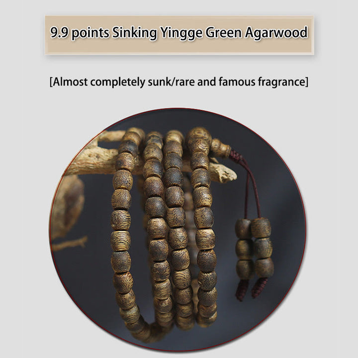 Buddha Stones 108 perline Mala da 6 mm con perline cilindriche Hainan Verde Qinan Bracciale calmo in legno di agar