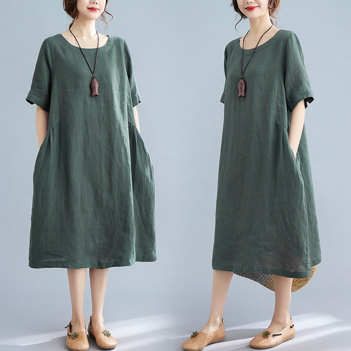 Abito midi casual in cotone e lino con scollo a giro, manica corta, tinta unita, con tasche, stile Buddha Stones