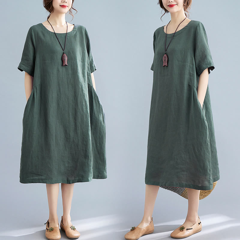 Abito midi casual in cotone e lino con scollo a giro, manica corta, tinta unita, con tasche, stile Buddha Stones - image 0