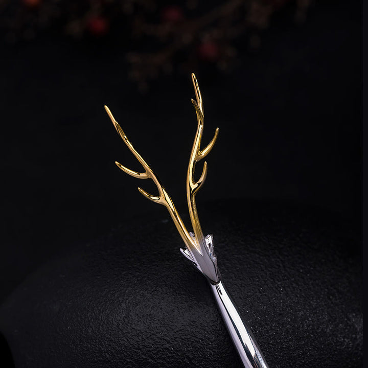Forcina per capelli con protezione in corna di cervo in argento sterling 925 Buddha Stones