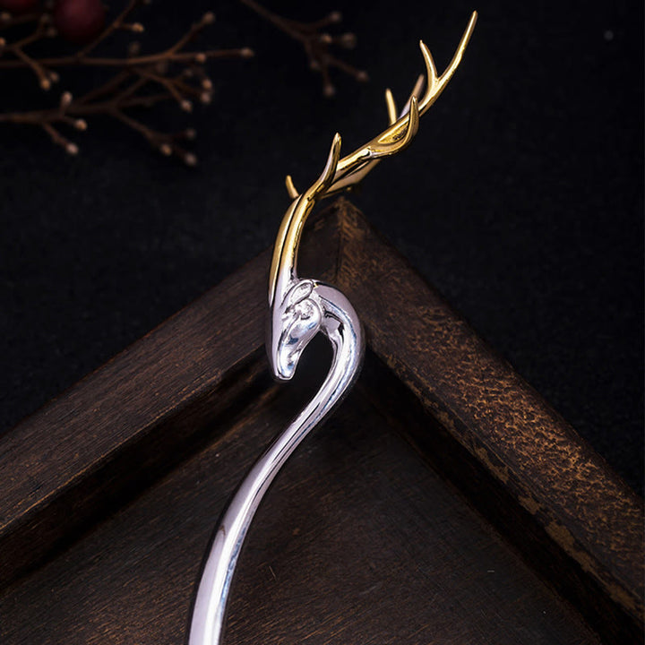 Forcina per capelli con protezione in corna di cervo in argento sterling 925 Buddha Stones