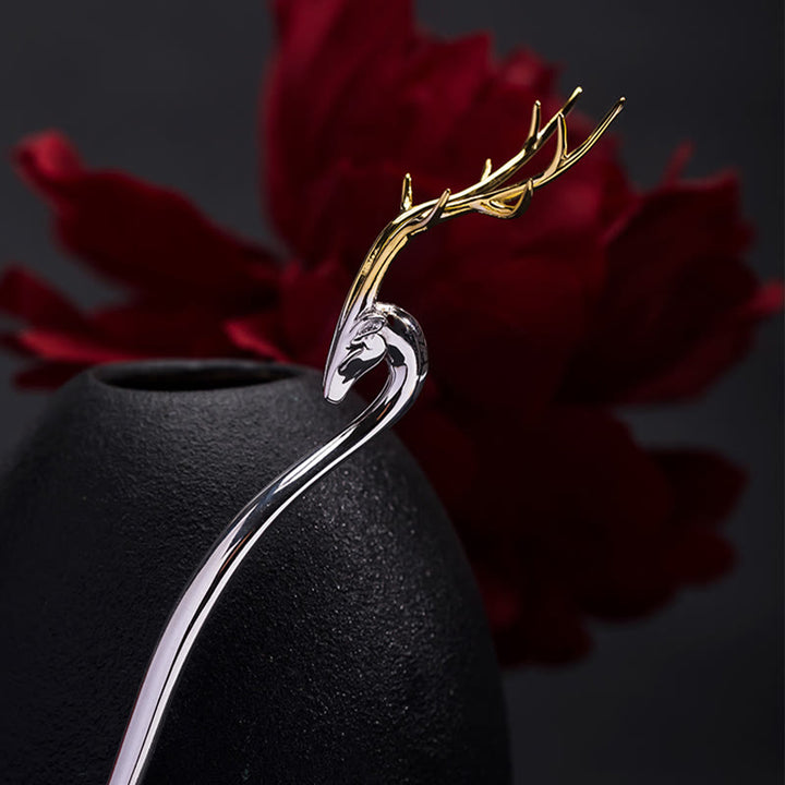 Forcina per capelli con protezione in corna di cervo in argento sterling 925 Buddha Stones
