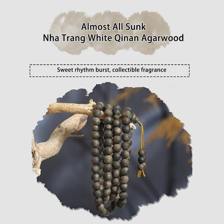Buddha Stones Nha Trang 108 perline Mala 8 mm braccialetto della pace bianco Qinan Vietnam Agarwood