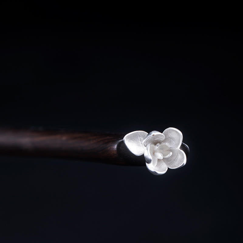 Forcina per capelli con fiore di magnolia in ebano classico in argento sterling 925 Buddha Stones