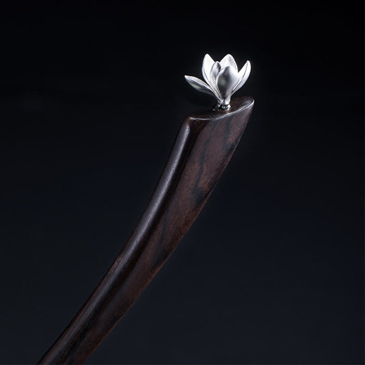 Forcina per capelli con fiore di magnolia in ebano classico in argento sterling 925 Buddha Stones
