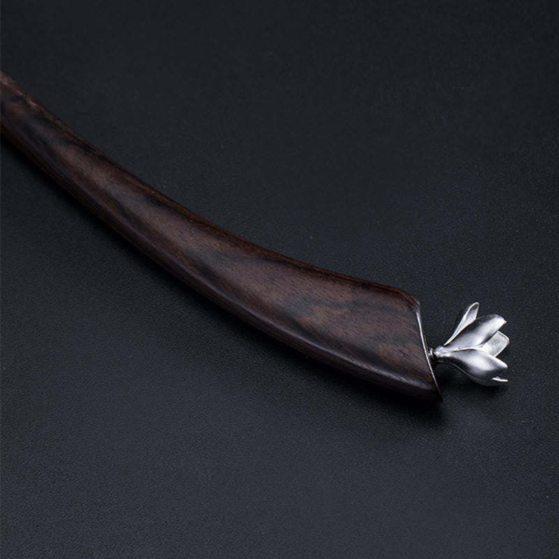 Forcina per capelli con fiore di magnolia in ebano classico in argento sterling 925 Buddha Stones