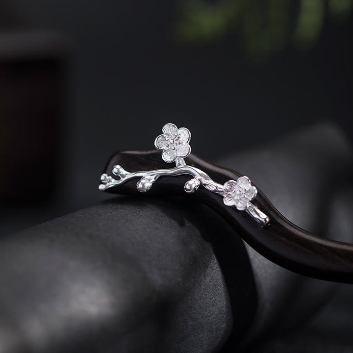 Forcina per capelli con fiore di prugna in ebano, stile cinese classico, in argento sterling 925, Buddha Stones - image 3