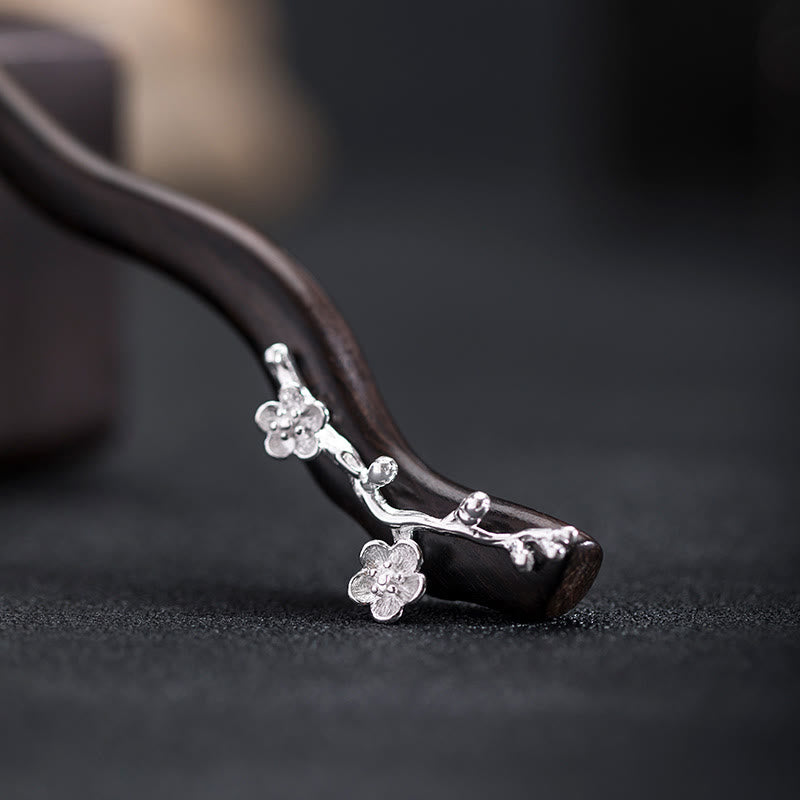 Forcina per capelli con fiore di prugna in ebano, stile cinese classico, in argento sterling 925, Buddha Stones - Fermaglio per capelli in ebano a forma di fiore di prugno - image 0
