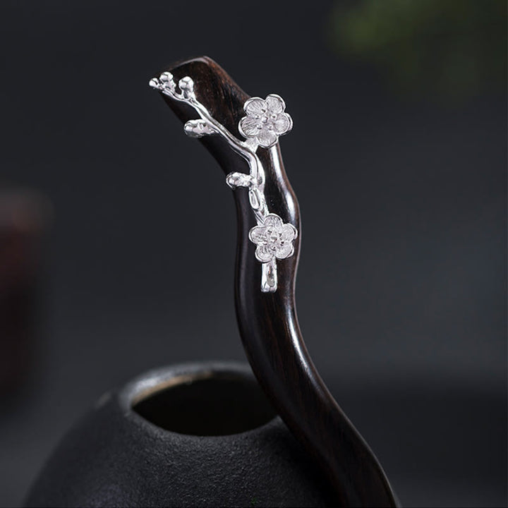 Forcina per capelli con fiore di prugna in ebano, stile cinese classico, in argento sterling 925, Buddha Stones