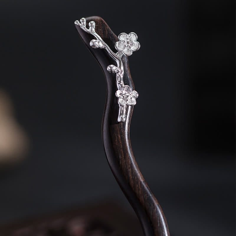 Forcina per capelli con fiore di prugna in ebano, stile cinese classico, in argento sterling 925, Buddha Stones