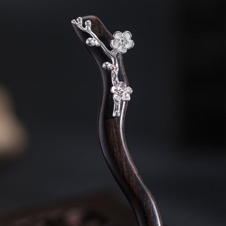 Forcina per capelli con fiore di prugna in ebano, stile cinese classico, in argento sterling 925, Buddha Stones