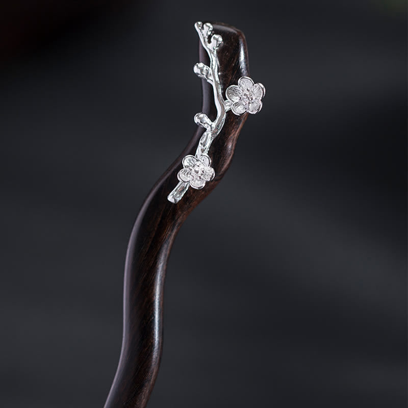Forcina per capelli con fiore di prugna in ebano, stile cinese classico, in argento sterling 925, Buddha Stones