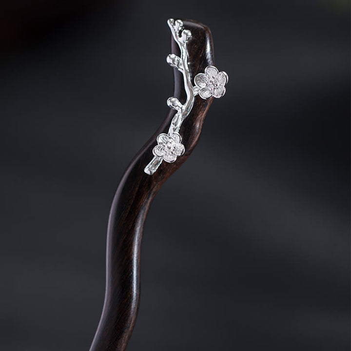 Forcina per capelli con fiore di prugna in ebano, stile cinese classico, in argento sterling 925, Buddha Stones