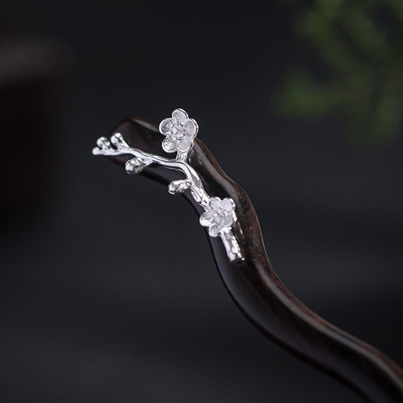 Forcina per capelli con fiore di prugna in ebano, stile cinese classico, in argento sterling 925, Buddha Stones