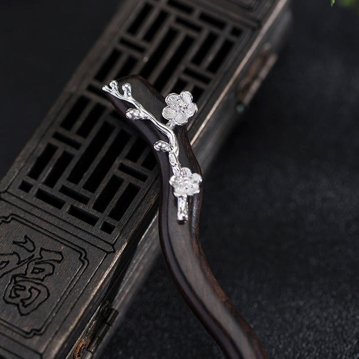 Forcina per capelli con fiore di prugna in ebano, stile cinese classico, in argento sterling 925, Buddha Stones