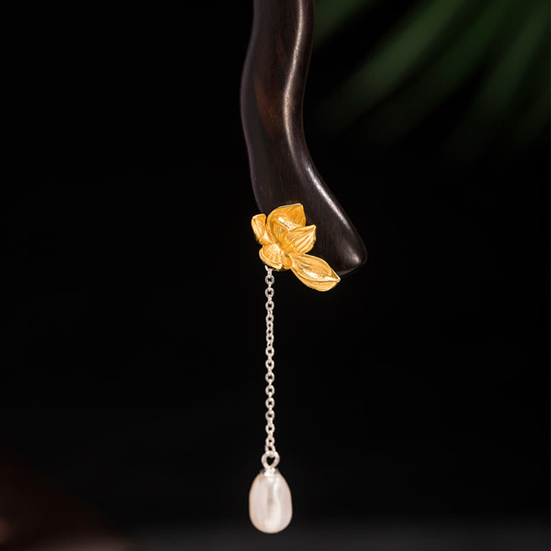 Buddha Stones 925 Sterling Silver Classico Stile Cinese Ebano Fiore di Loto Perla Nappa Benedizione Forcina per Capelli - image 7