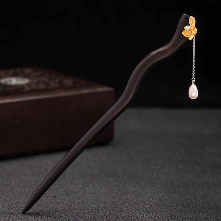 Buddha Stones 925 Sterling Silver Classico Stile Cinese Ebano Fiore di Loto Perla Nappa Benedizione Forcina per Capelli - image 2