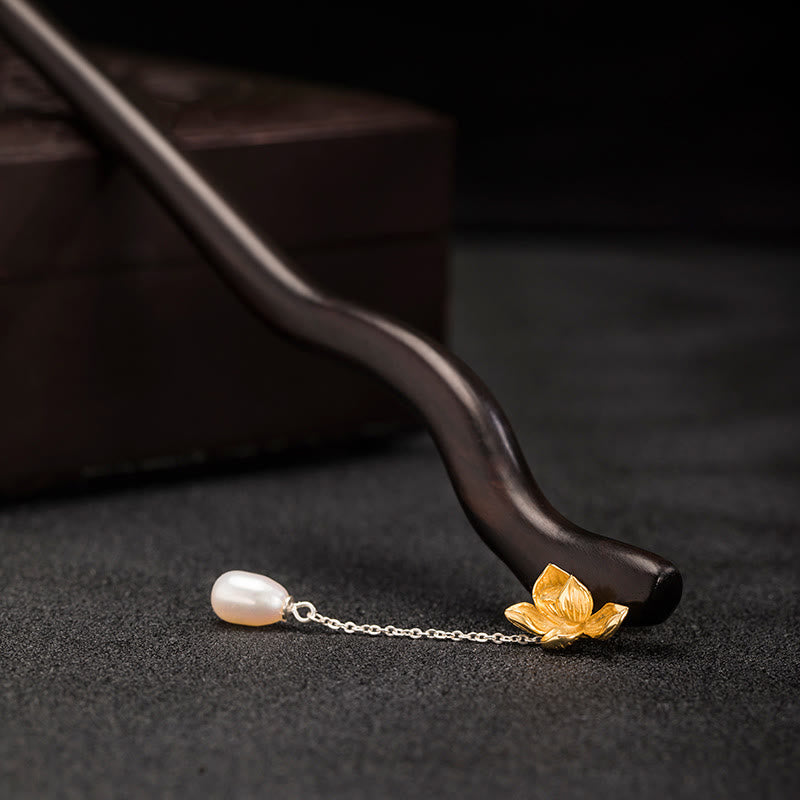 Buddha Stones 925 Sterling Silver Classico Stile Cinese Ebano Fiore di Loto Perla Nappa Benedizione Forcina per Capelli - image 9