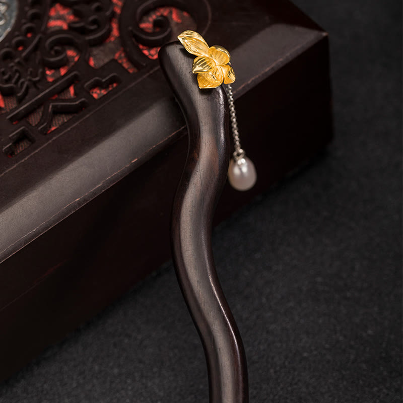 Buddha Stones 925 Sterling Silver Classico Stile Cinese Ebano Fiore di Loto Perla Nappa Benedizione Forcina per Capelli - image 1